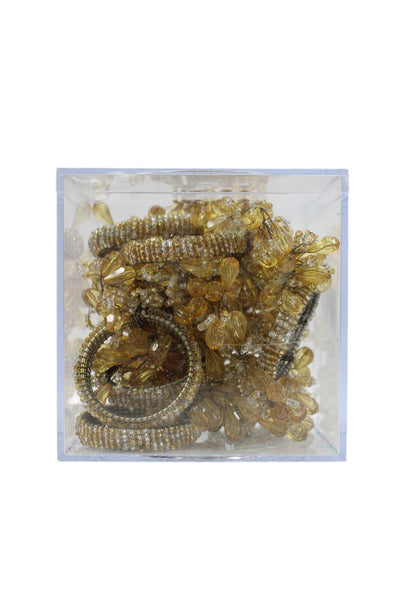 Designer Beaded Floral Napkin Rings Sparkling Gold Tone Set Of 7