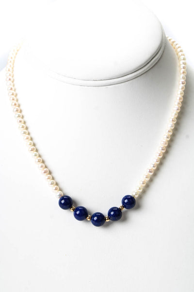 Designer Womens 14K Y Gold Pearl + Lapis Bead Necklace w Gold Tone Clasp 16"