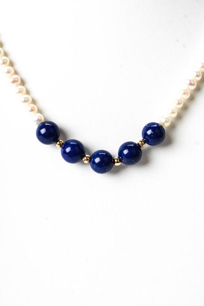Designer Womens 14K Y Gold Pearl + Lapis Bead Necklace w Gold Tone Clasp 16"