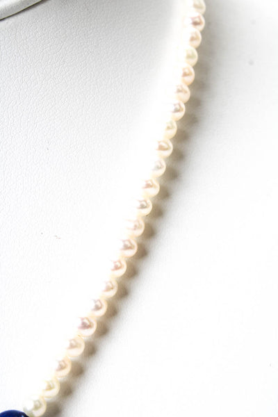 Designer Womens 14K Y Gold Pearl + Lapis Bead Necklace w Gold Tone Clasp 16"