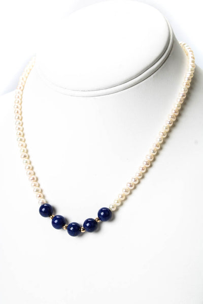 Designer Womens 14K Y Gold Pearl + Lapis Bead Necklace w Gold Tone Clasp 16"