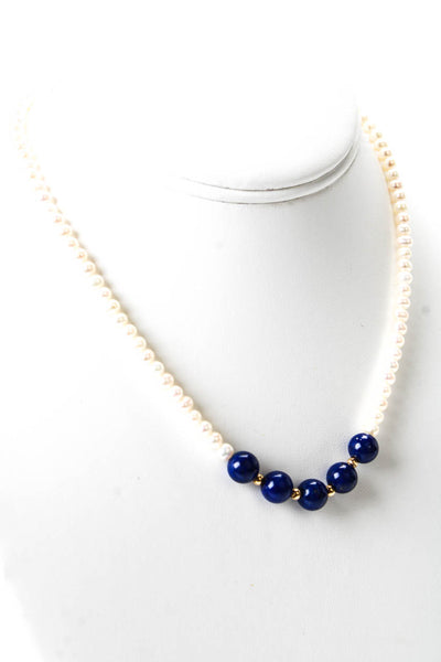 Designer Womens 14K Y Gold Pearl + Lapis Bead Necklace w Gold Tone Clasp 16"