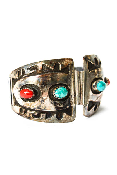 Designer Unisex 925 Silver + S Steel Turquoise + Coral Southwest Watch Band 6"