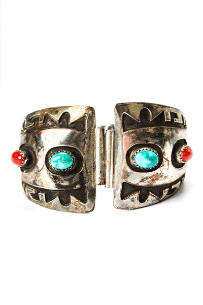 Designer Unisex 925 Silver + S Steel Turquoise + Coral Southwest Watch Band 6"