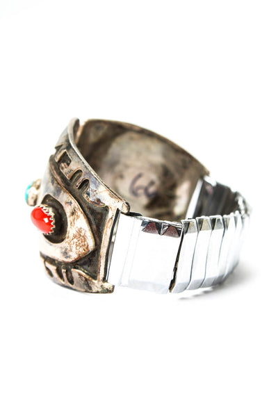 Designer Unisex 925 Silver + S Steel Turquoise + Coral Southwest Watch Band 6"