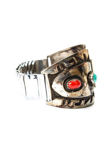 Designer Unisex 925 Silver + S Steel Turquoise + Coral Southwest Watch Band 6"