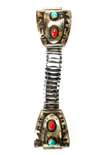 Designer Unisex 925 Silver + S Steel Turquoise + Coral Southwest Watch Band 6"