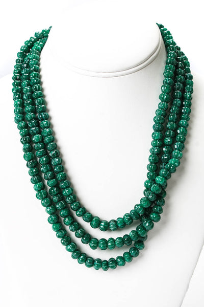 Designer Womens Carved Emerald Bead Three Strand Necklace