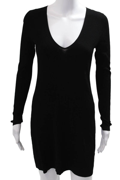 Theory Women Sweater Dress Black V-Neck Long Sleeve Knee Length Size S