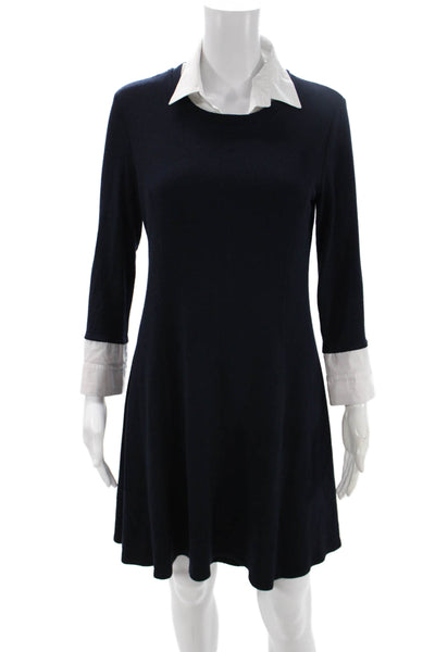 Bailey 44 Women Dark Blue Shift Shirt Dress 3/4 Sleeve Collared Button Size S