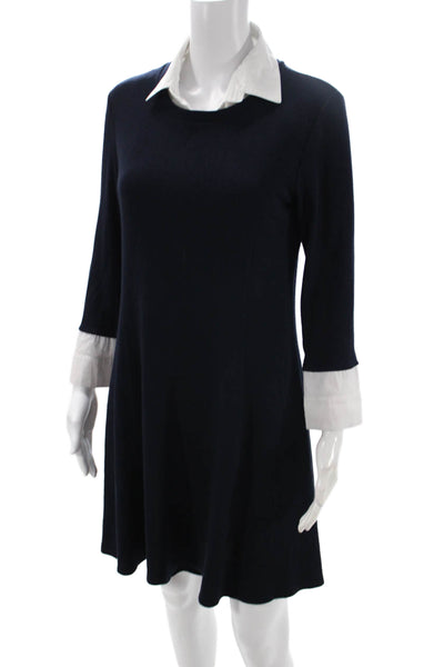 Bailey 44 Women Dark Blue Shift Shirt Dress 3/4 Sleeve Collared Button Size S