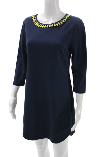 Trina Turk Womens Dark Blue Shift Dress 3/4 Sleeve Round Neck Size 6