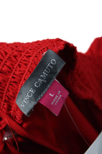 Vince Camuto Womens Silk High Neck Long Sleeve Drawstring Blouse Red Size L