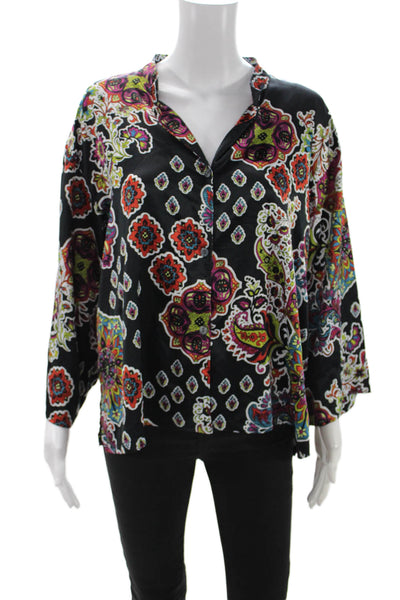 Natori Women Kimono Blouse Black Paisley V-Neck Long Sleeve Size XL