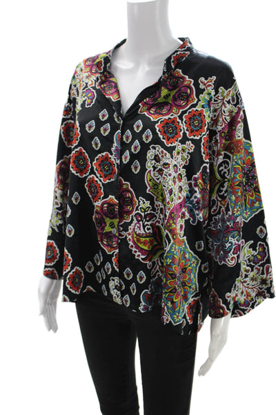Natori Women Kimono Blouse Black Paisley V-Neck Long Sleeve Size XL