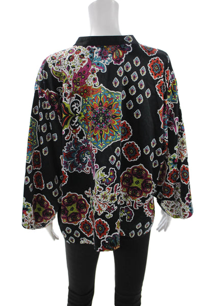 Natori Women Kimono Blouse Black Paisley V-Neck Long Sleeve Size XL