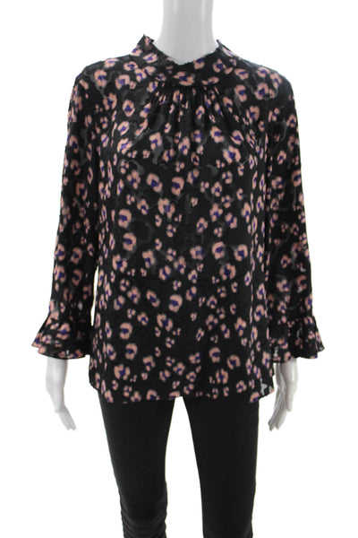 Rebecca Taylor Women Black Leopard Print Mock Neck Long Sleeve Blouse Size 12