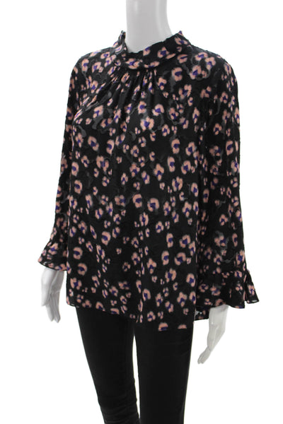 Rebecca Taylor Women Black Leopard Print Mock Neck Long Sleeve Blouse Size 12