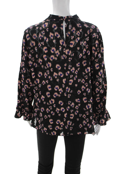 Rebecca Taylor Women Black Leopard Print Mock Neck Long Sleeve Blouse Size 12