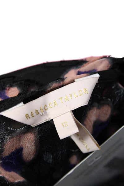Rebecca Taylor Women Black Leopard Print Mock Neck Long Sleeve Blouse Size 12