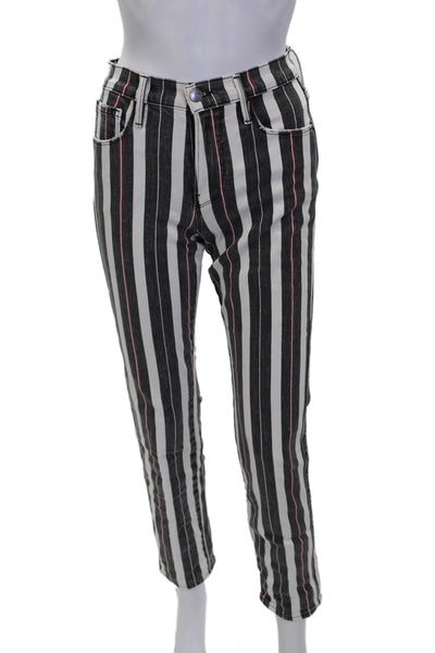 Frame Womens Cropped Ankle Pants Black Striped Button 99% Cotton Size 24