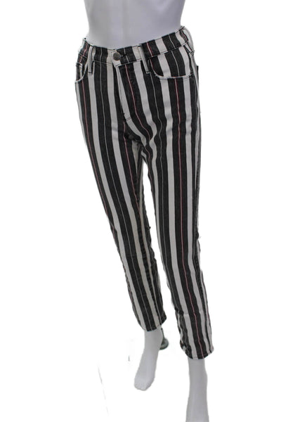 Frame Womens Cropped Ankle Pants Black Striped Button 99% Cotton Size 24