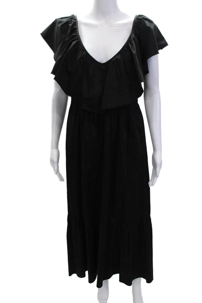 Maria Cher Women Maxi Dress Black V-Neck Cotton Short Sleeve Size L