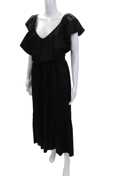 Maria Cher Women Maxi Dress Black V-Neck Cotton Short Sleeve Size L