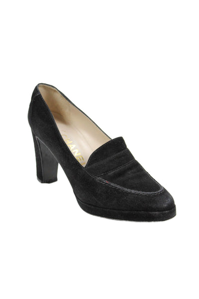 Chanel Women's Suede Leather Slip-On Pumps Shoes Black Size 35.5