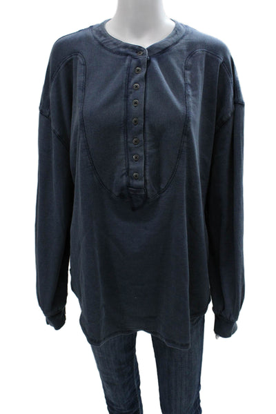 We The Free Women Henley Sweatshirt Dark Blue Long Sleeve Crew Neck Size M