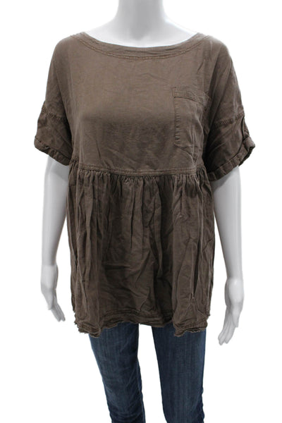 We The Free Womens Brown Tunic Blouse Short Sleeve Round Neck Button Size M