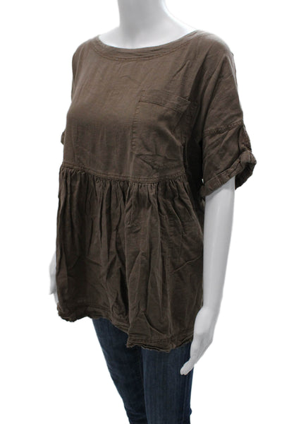 We The Free Womens Brown Tunic Blouse Short Sleeve Round Neck Button Size M
