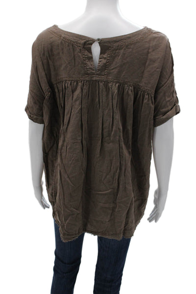 We The Free Womens Brown Tunic Blouse Short Sleeve Round Neck Button Size M