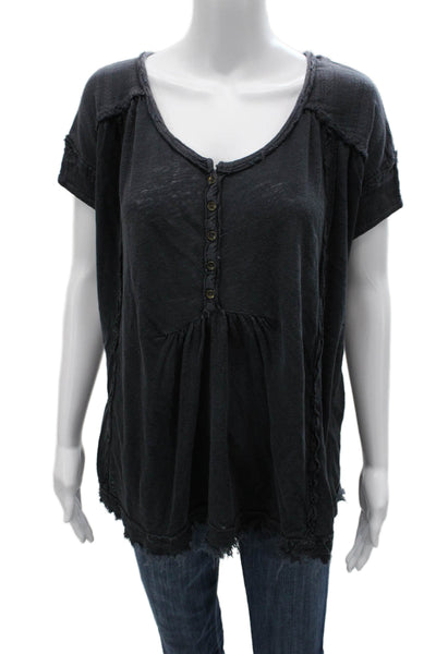 Free People Womens Tunic Blouse Dark Gray Button Up Short Sleeve Size M