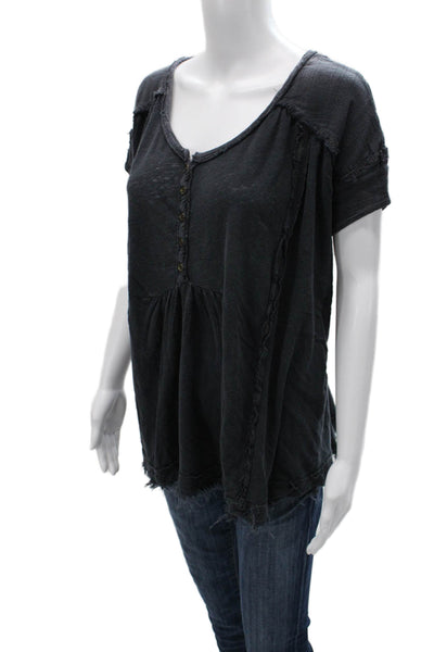 Free People Womens Tunic Blouse Dark Gray Button Up Short Sleeve Size M