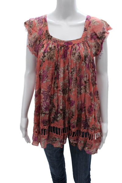 FP One by Free People Women Tunic Orange Floral Sq Neck Short Sleeve Size XS