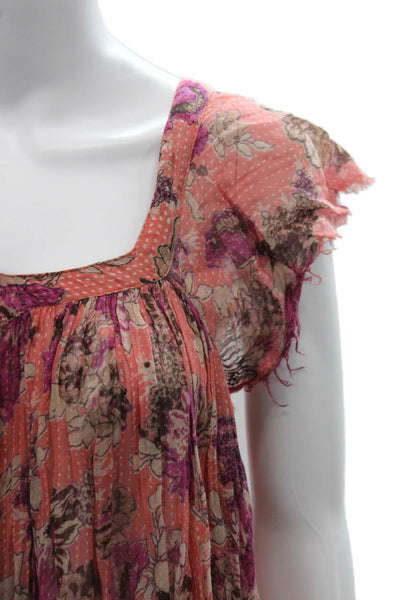 FP One by Free People Women Tunic Orange Floral Sq Neck Short Sleeve Size XS