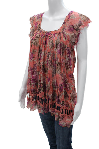 FP One by Free People Women Tunic Orange Floral Sq Neck Short Sleeve Size XS