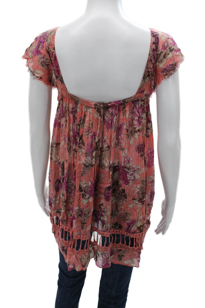 FP One by Free People Women Tunic Orange Floral Sq Neck Short Sleeve Size XS