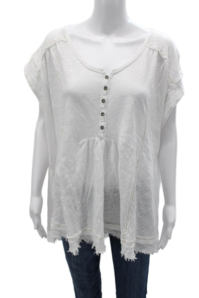Free People Women Tunic Blouse White Short Sleeve Boho Linen Cotton Size S