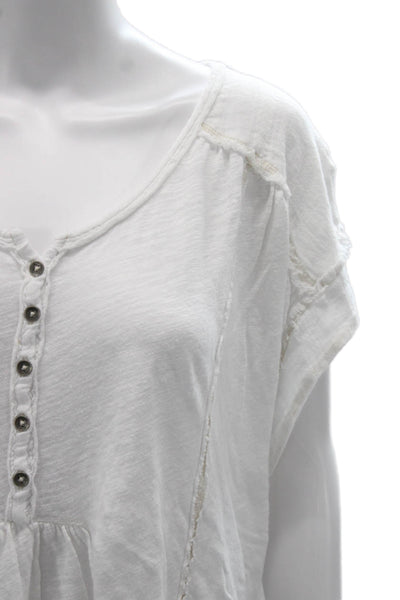 Free People Women Tunic Blouse White Short Sleeve Boho Linen Cotton Size S