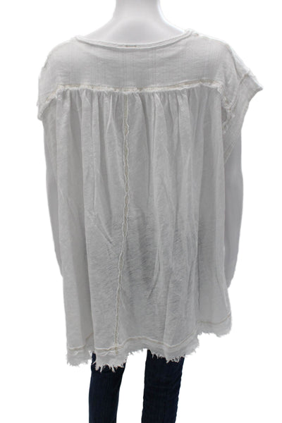 Free People Women Tunic Blouse White Short Sleeve Boho Linen Cotton Size S