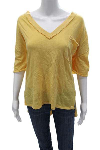 We The Free Womens Yellow V-Neck Boho Basic Tunic Tee 3/4 Sleeve Size M