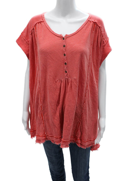 Free People Women Tunic Button Up Red Linen Cotton Short Sleeve Size S