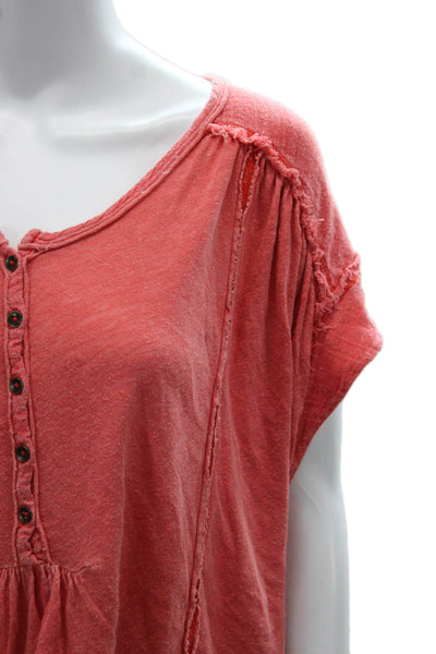 Free People Women Tunic Button Up Red Linen Cotton Short Sleeve Size S
