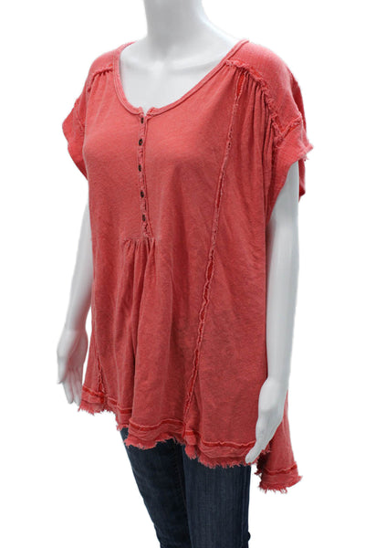 Free People Women Tunic Button Up Red Linen Cotton Short Sleeve Size S