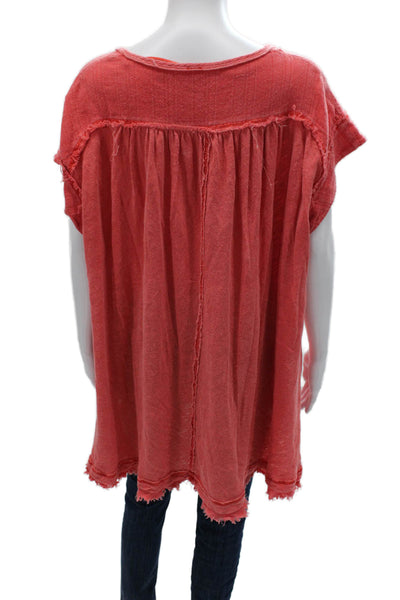 Free People Women Tunic Button Up Red Linen Cotton Short Sleeve Size S