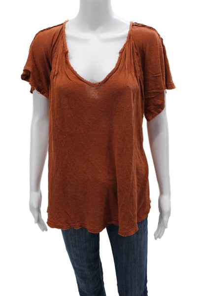 Free People Womens Brown V-Neck Short Sleeve Basic T-Shirt Linen Viscose Size M