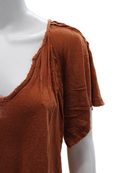 Free People Womens Brown V-Neck Short Sleeve Basic T-Shirt Linen Viscose Size M