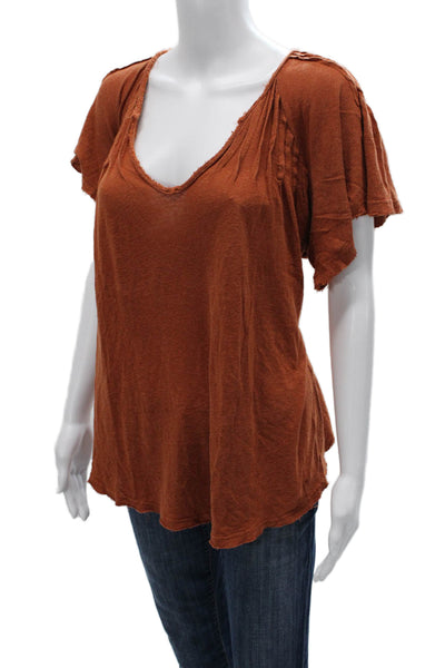 Free People Womens Brown V-Neck Short Sleeve Basic T-Shirt Linen Viscose Size M